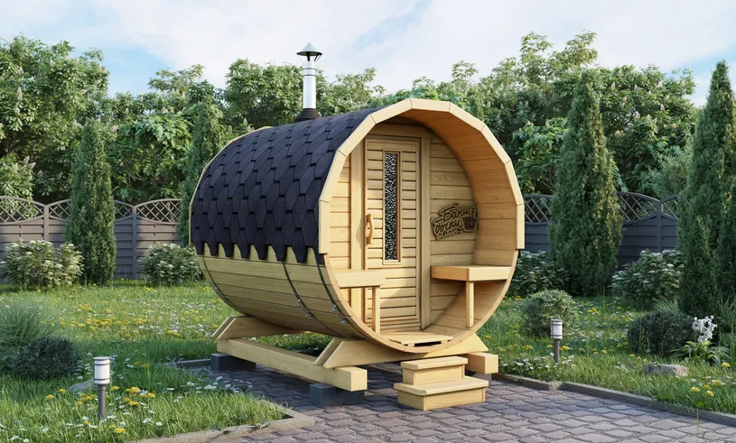 Баня бочка Мини с крыльцом