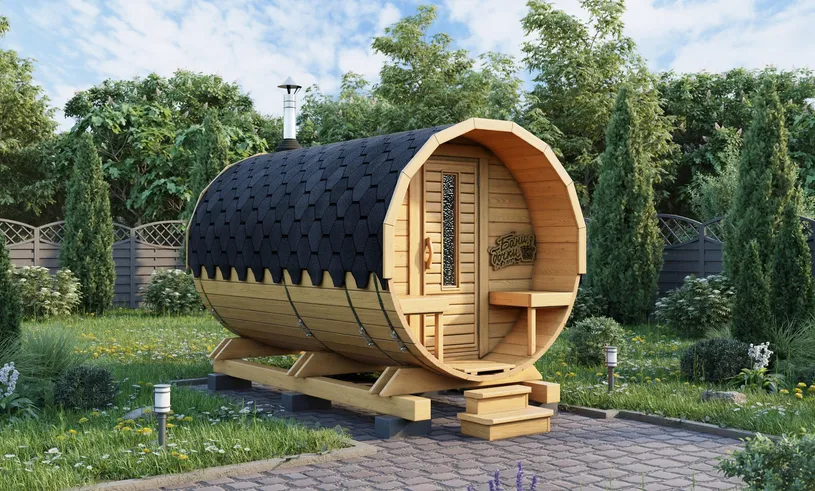 Баня бочка Стандарт  с крыльцом